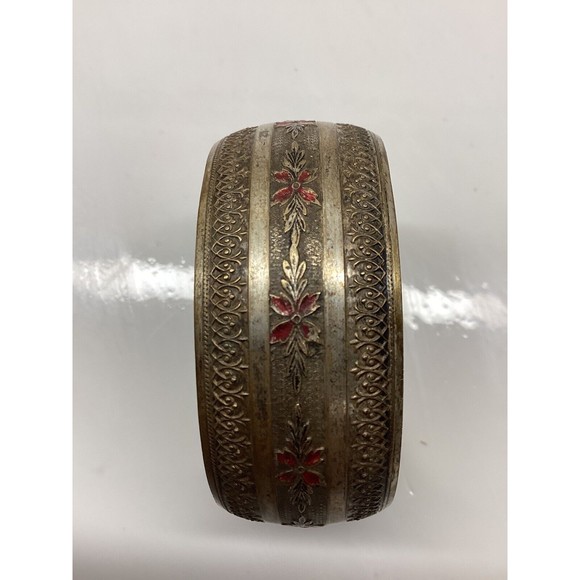 Antique Bronze Embossed Red Enameled Floral Leaves Cuff Bracelet - Picture 1 of 6